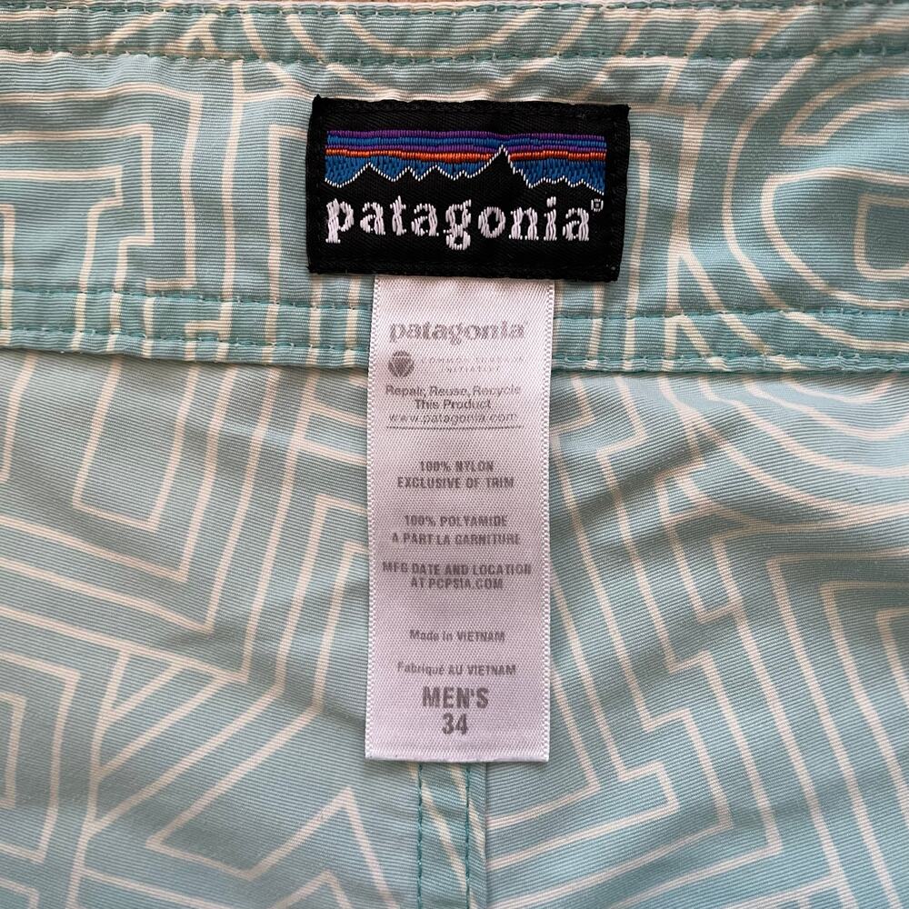 Patagonia Men's Wavefarer Board Shorts Swim Trunks 34 blue white letters beach - Picture 4 of 8